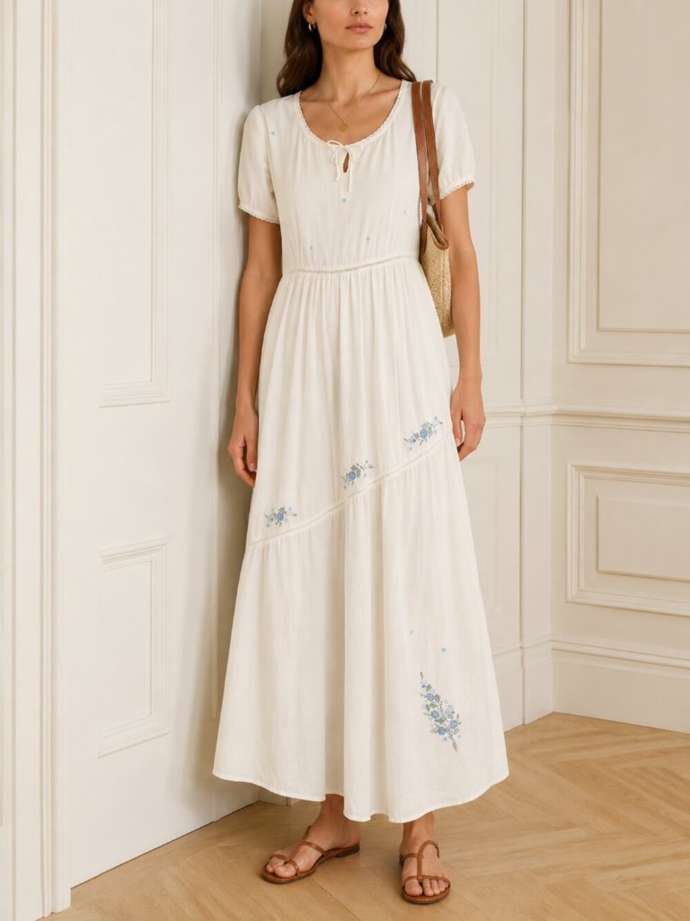 Vintage SITA Embroidered Cotton Prairie Dress White Blue Floral Cottagecore Midi